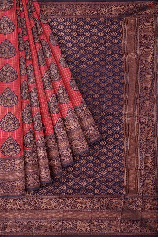 DUSTY PINK and NAVY BLUE CHECKS & FIGURES SILK Saree with FANCY