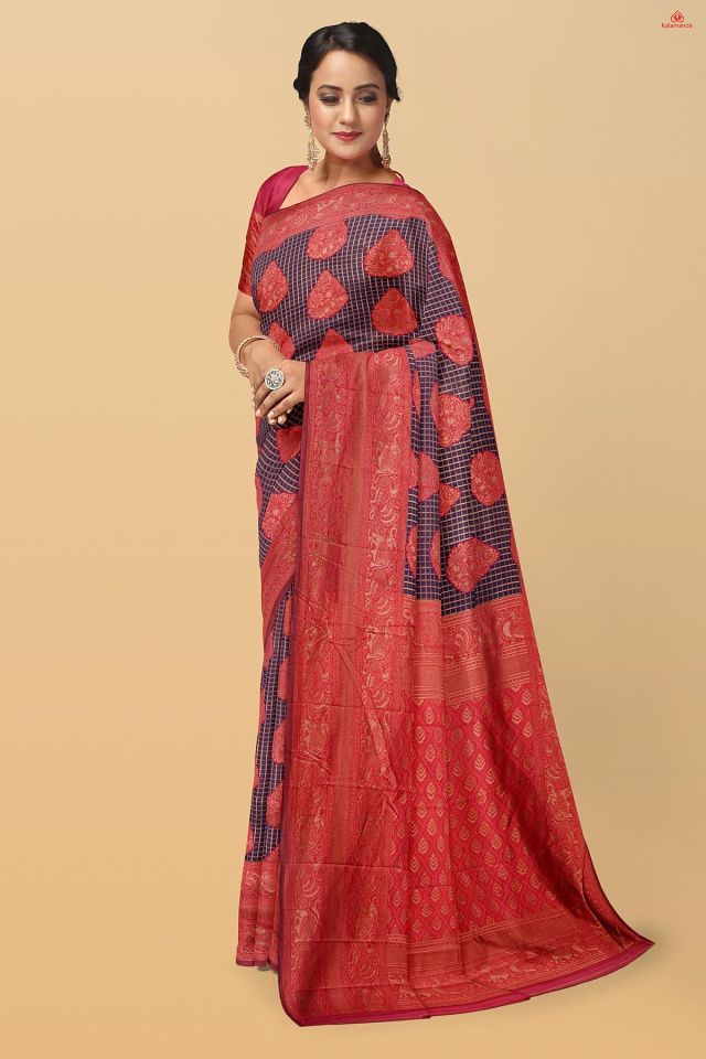 NAVY BLUE and PINK CHECKS & FIGURES SILK Saree with FANCY