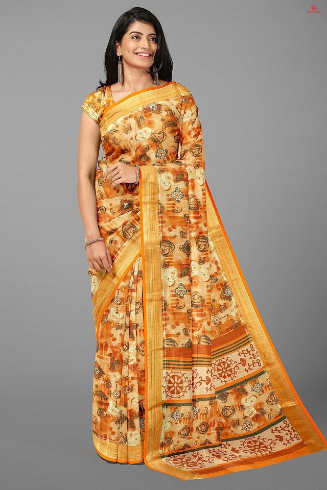 CREAM and RUST DIGITAL PRINT LINEN Saree with FANCY