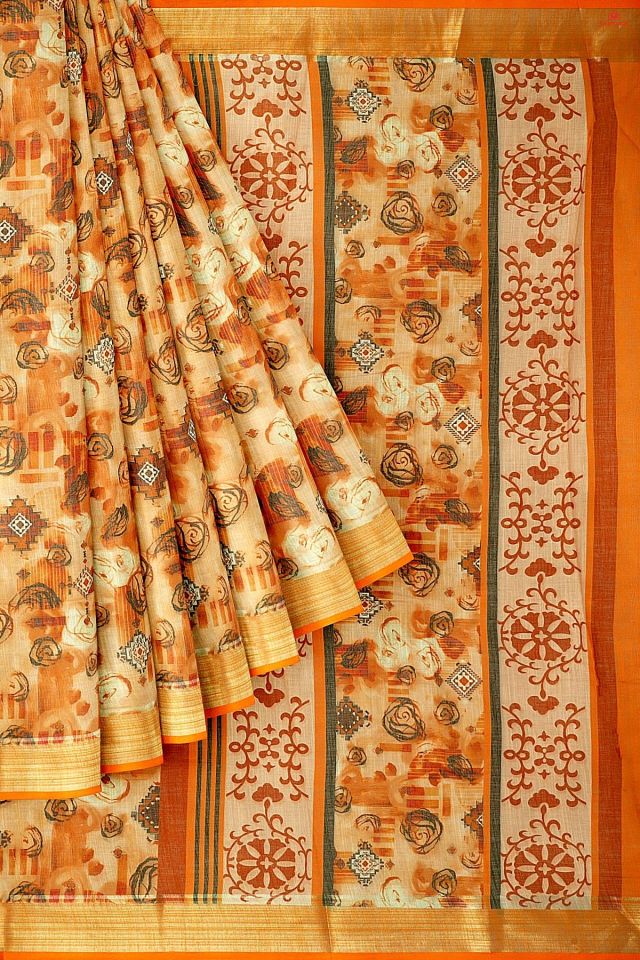 CREAM and RUST DIGITAL PRINT LINEN Saree with FANCY