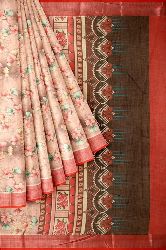PEACH and MULTI FLORALS LINEN Saree with FANCY