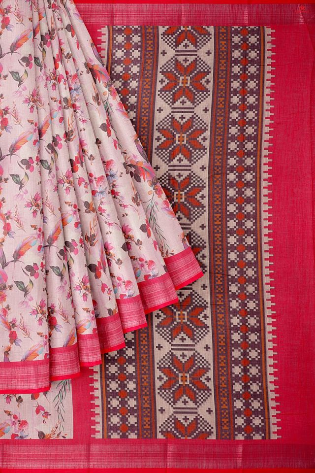 LIGHT PINK and PINK FLORALS LINEN Saree with FANCY