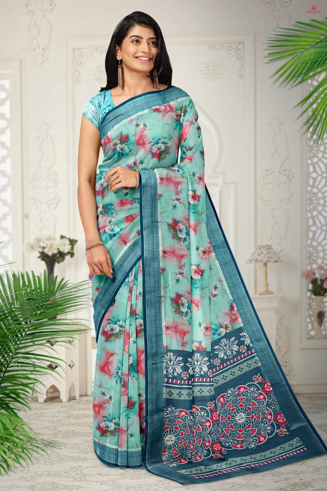 SEA GREEN and BLUE FLORALS LINEN Saree with FANCY