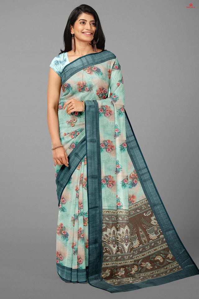TURQUOISE and MULTI FLORALS LINEN Saree with FANCY