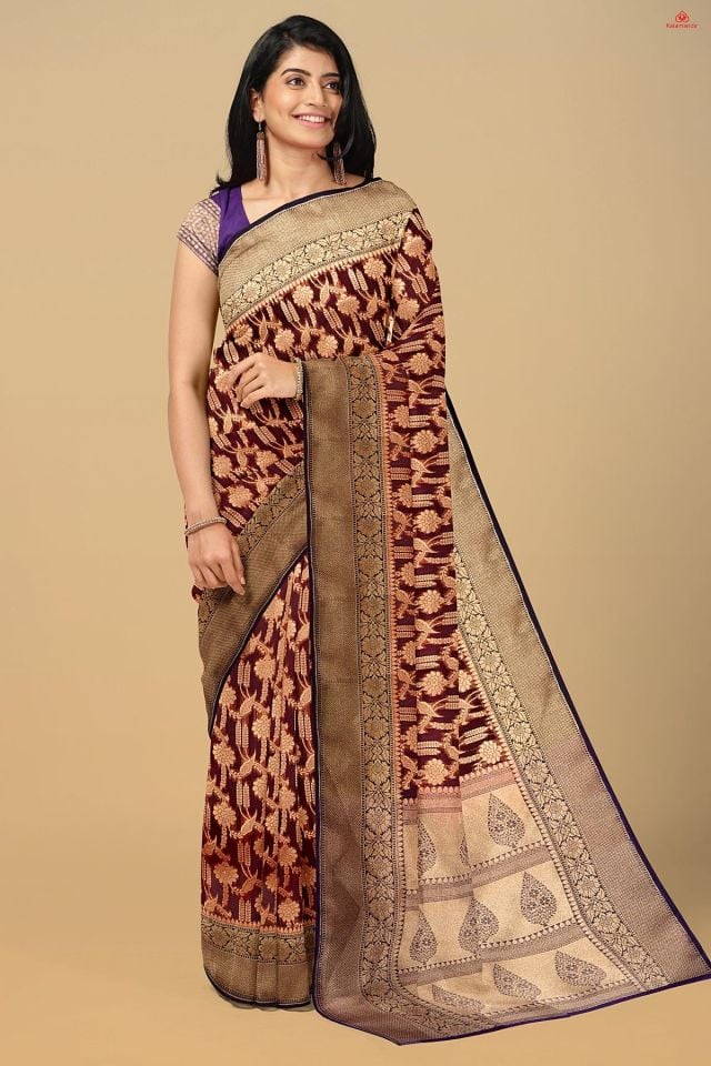 MAROON and GOLD FLORAL JAAL KORA Saree with FANCY