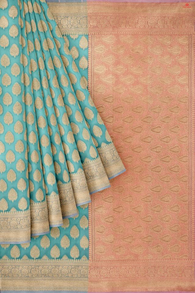 SKY BLUE and GOLD LEAF WEAVING KORA Saree with FANCY