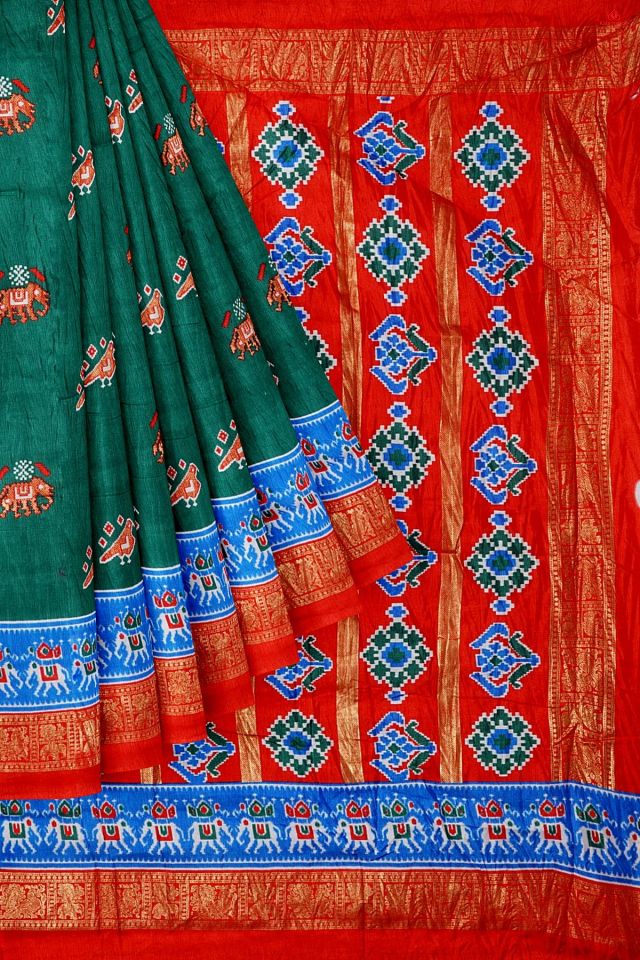 DARK GREEN and RED IKKAT PRINT SILK BLEND Saree with FANCY