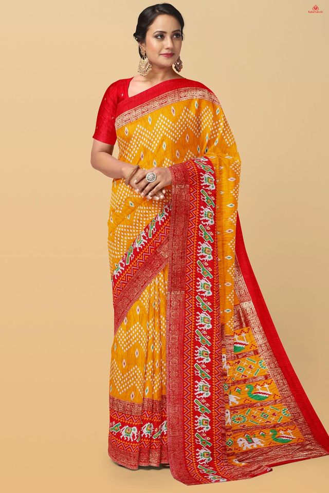 MUSTARD and RED IKKAT PRINT SILK BLEND Saree with FANCY