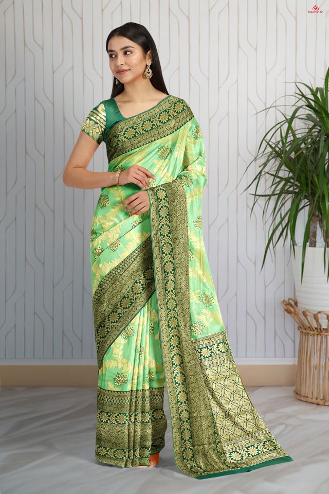 LIGHT GREEN and DARK GREEN FLORAL JAAL SILK Saree with FANCY