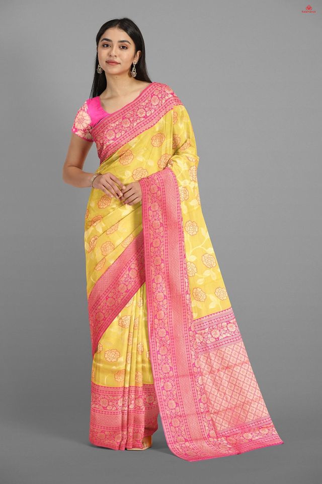 LIGHT YELLOW and PINK FLORAL JAAL SILK Saree with FANCY