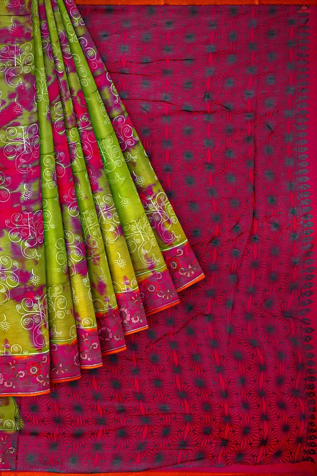 MEHANDI GREEN and MAGENTA LEAF PRINT GEORGETTE Saree with FANCY