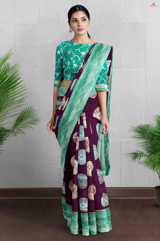 PURPLE and TEAL PAISLEY SILK Saree with FANCY