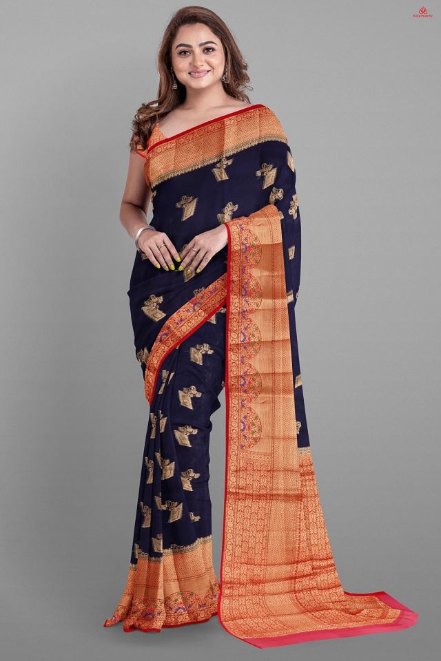 NAVY BLUE and RED FLORALS SILK Saree with FANCY