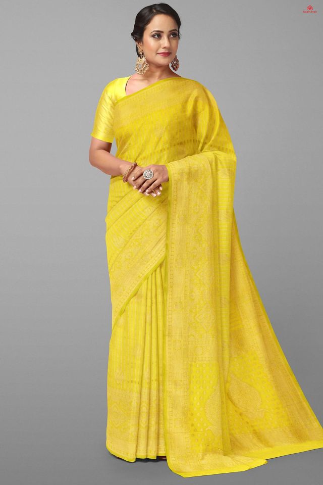 LIGHT YELLOW and GOLD MOTIFS SILK Saree with FANCY