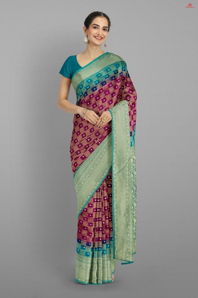 PURPLE and TEAL CHECKS AND BUTTIS VISCOSE GEORGETTE Saree with BANARASI
