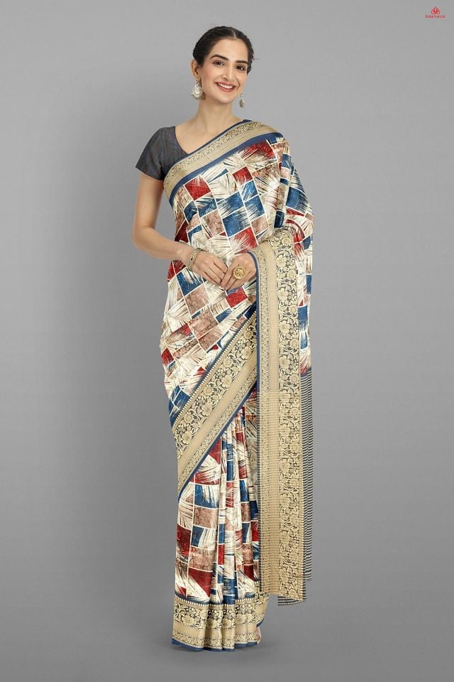 MULTI and NAVY BLUE DIGITAL PRINT SILK BLEND Saree with FANCY