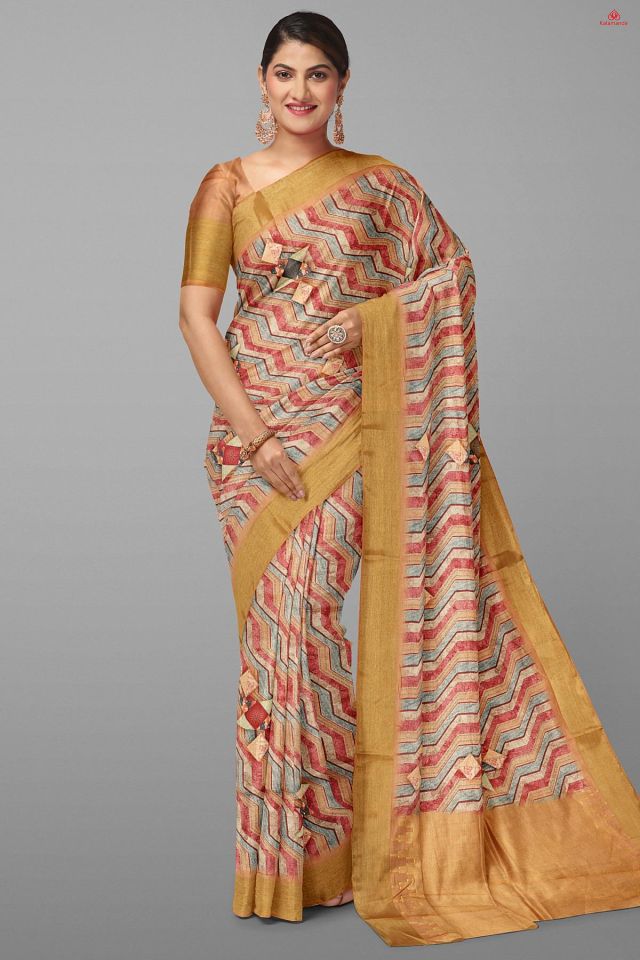 MULTI and GOLD ZIG ZAG SILK BLEND Saree with FANCY