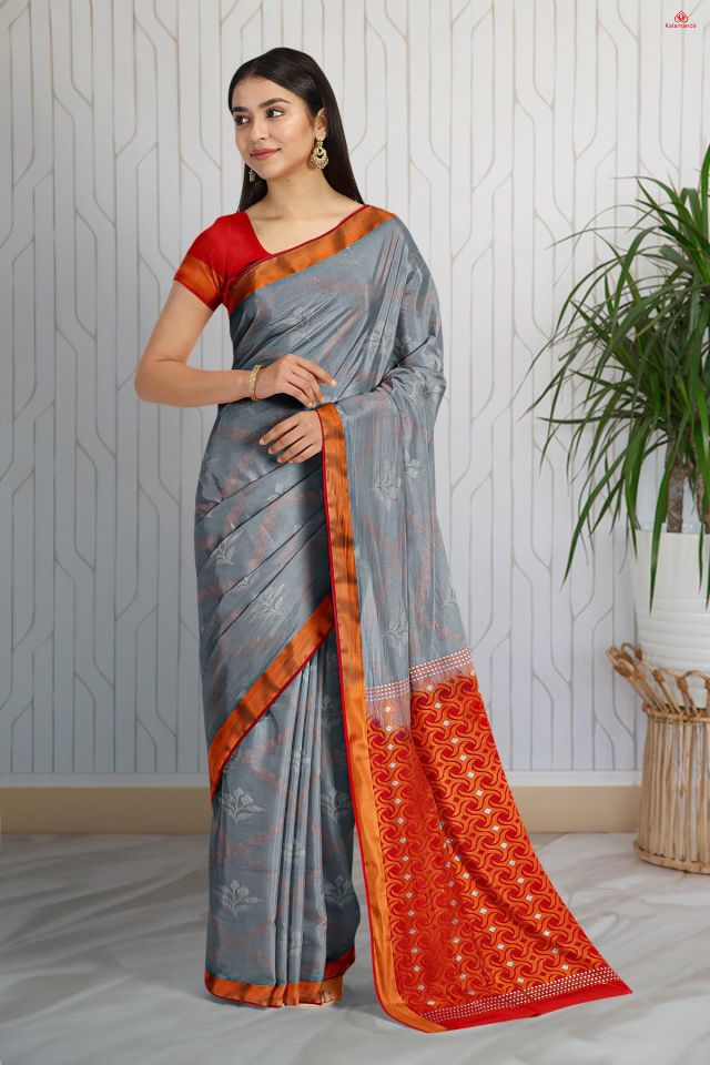 GREY and RED FLORAL JAAL SILK Saree with BANARASI FANCY