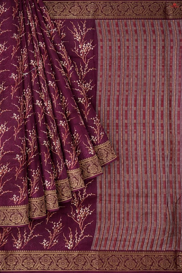 PURPLE and GOLD FLORALS SILK BLEND Saree with FANCY