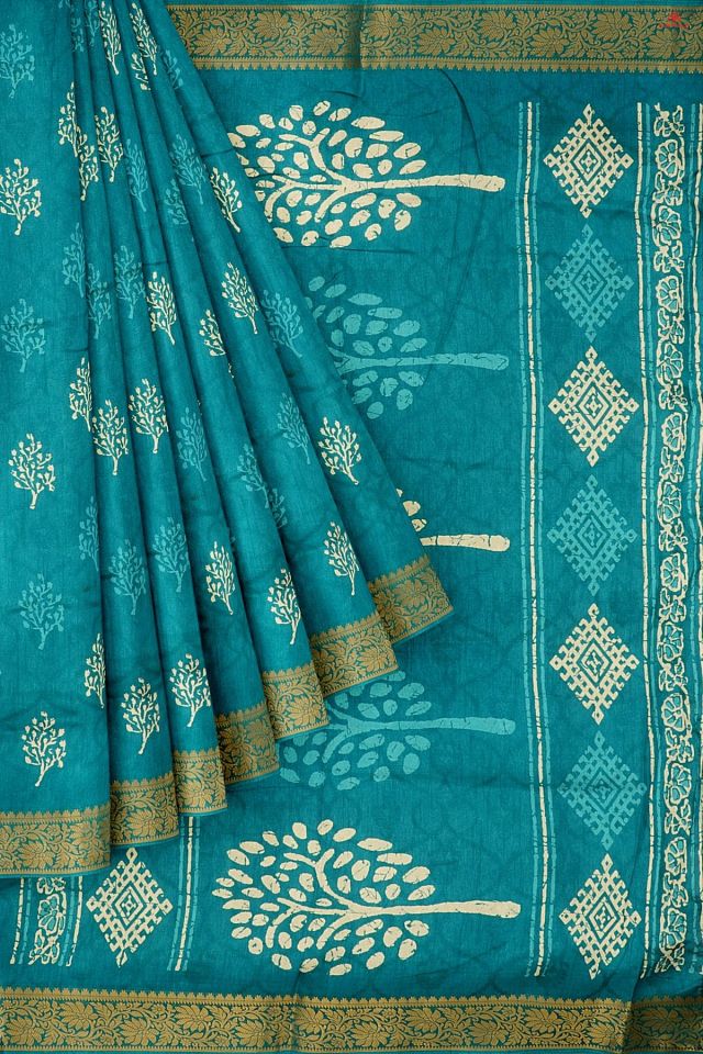 TEAL and GOLD FLORALS SILK BLEND Saree with FANCY