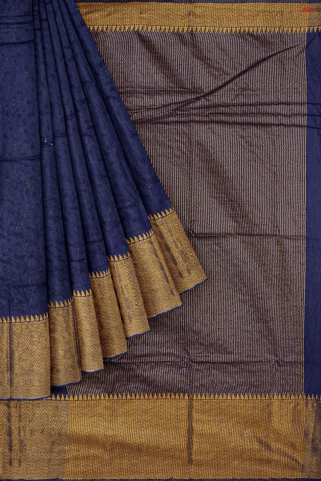 NAVY BLUE and GOLD EMBROIDERED SILK Saree with FANCY
