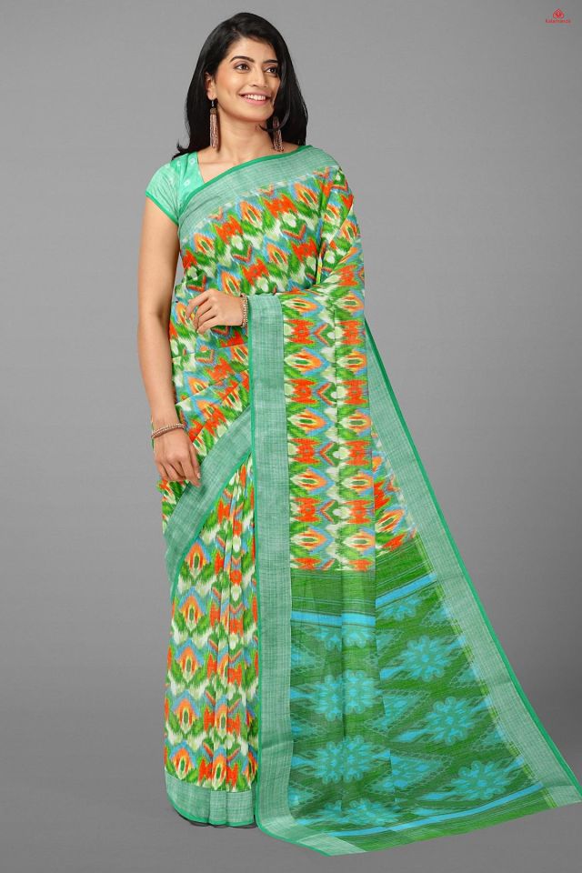 MULTI and SEA GREEN GEOMETRIC LINEN Saree with FANCY