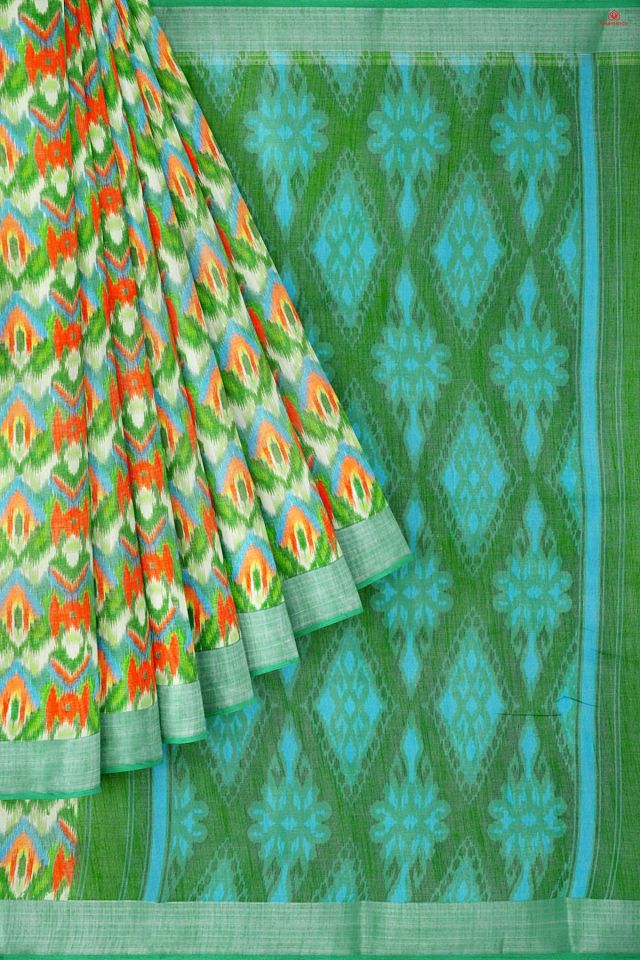 MULTI and SEA GREEN GEOMETRIC LINEN Saree with FANCY