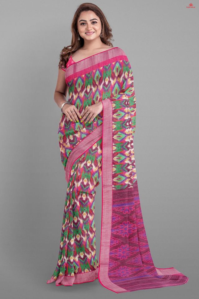 MULTI and PINK GEOMETRIC LINEN Saree with FANCY