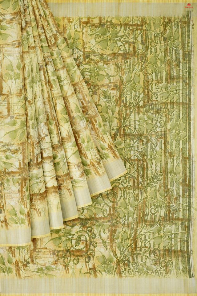 LIGHT YELLOW and MULTI DIGITAL PRINT LINEN Saree with FANCY