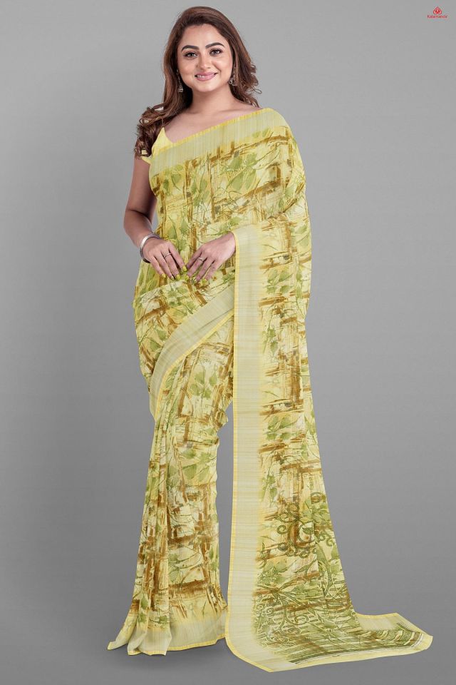 LIGHT YELLOW and MULTI DIGITAL PRINT LINEN Saree with FANCY