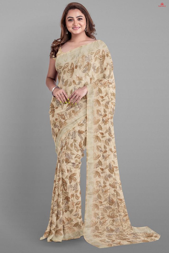 BEIGE and BROWN LEAF PRINT LINEN Saree with FANCY
