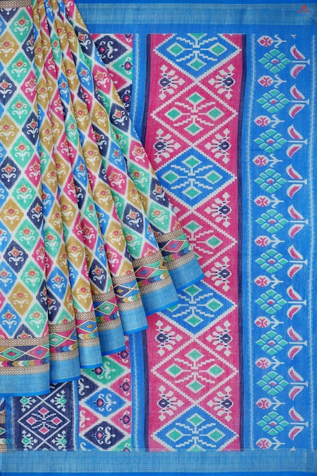 MULTI and ROYAL BLUE GEOMETRIC LINEN Saree with FANCY