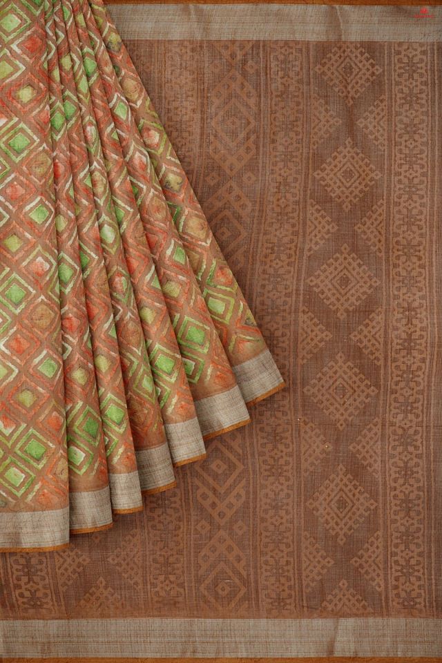 BROWN and MULTI DIGITAL PRINT LINEN Saree with FANCY