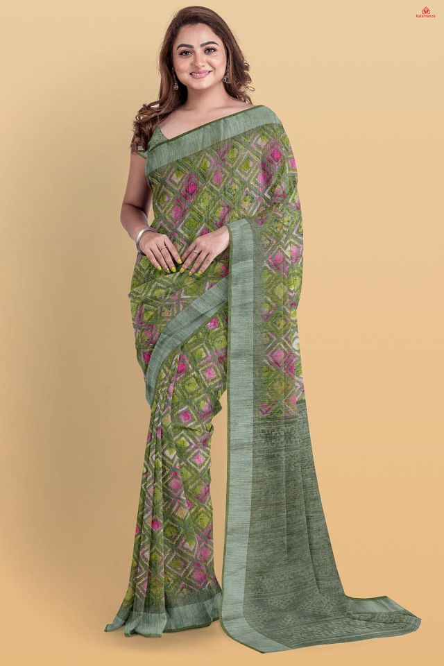 DARK OLIVE GREEN and MULTI DIGITAL PRINT LINEN Saree with FANCY