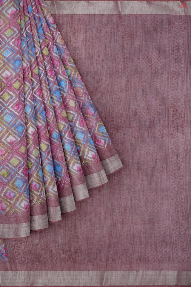 ONION PINK and MULTI DIGITAL PRINT LINEN Saree with FANCY
