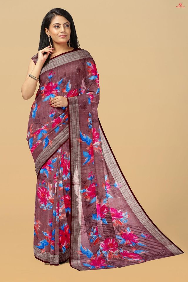 ROSSY BROWN and MULTI FLORALS LINEN Saree with FANCY
