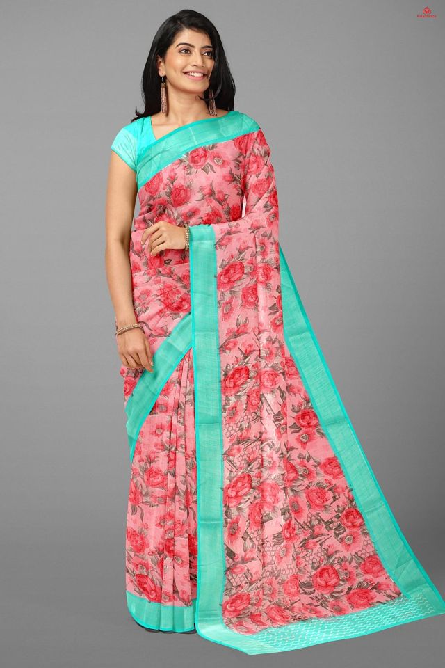PINK and LIGHT SEA GREEN FLORALS LINEN Saree with FANCY