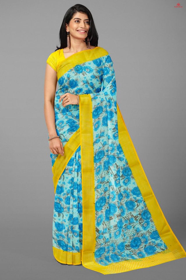 SKY BLUE and YELLOW FLORALS LINEN Saree with FANCY