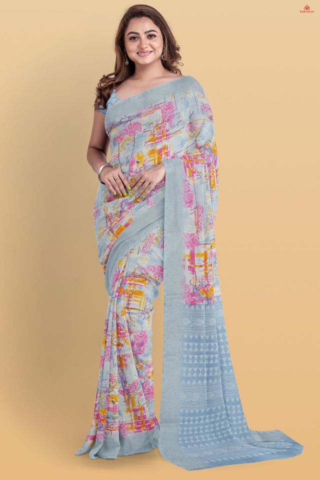 LIGHT GREY and MULTI DIGITAL PRINT LINEN Saree with FANCY