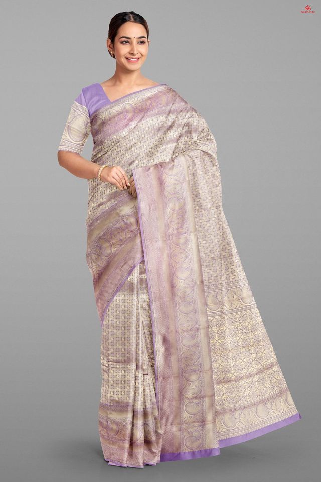 LIGHT LAVENDER and GOLD CHECKS AND BUTTIS SILK BLEND Saree with BANARASI FANCY