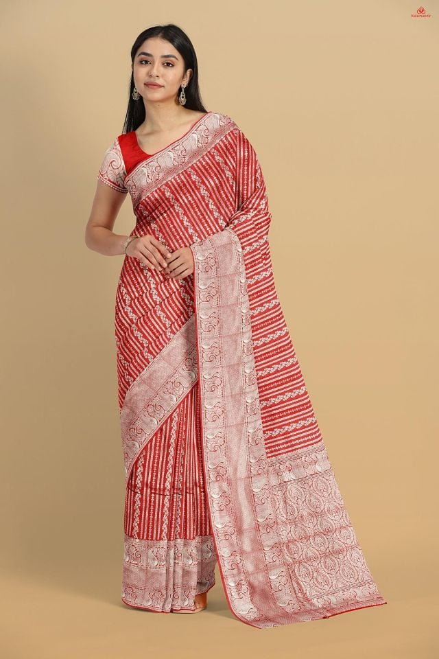 RED and SILVER JAAL SILK BLEND Saree with BANARASI FANCY
