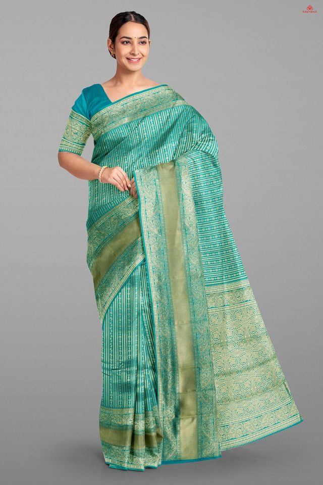 TEAL and GOLD JAAL SILK BLEND Saree with FANCY