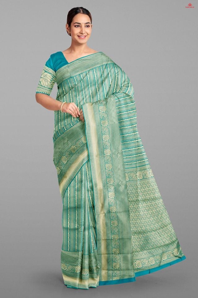 TEAL and GOLD PAISLEY WITH JAAL SILK BLEND Saree with BANARASI FANCY