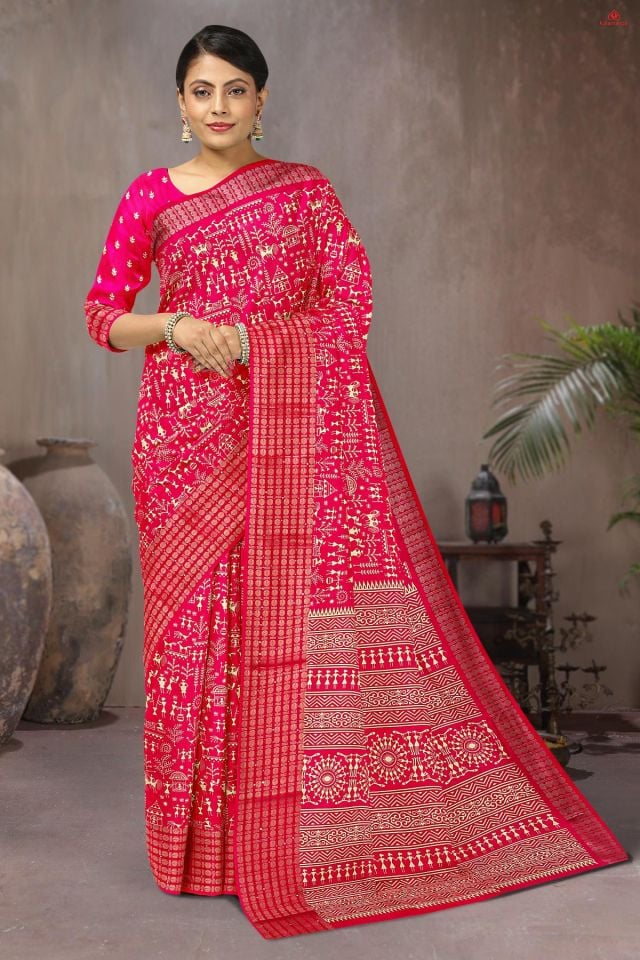 PINK and OFF WHITE DIGITAL PRINT SILK BLEND Saree with FANCY