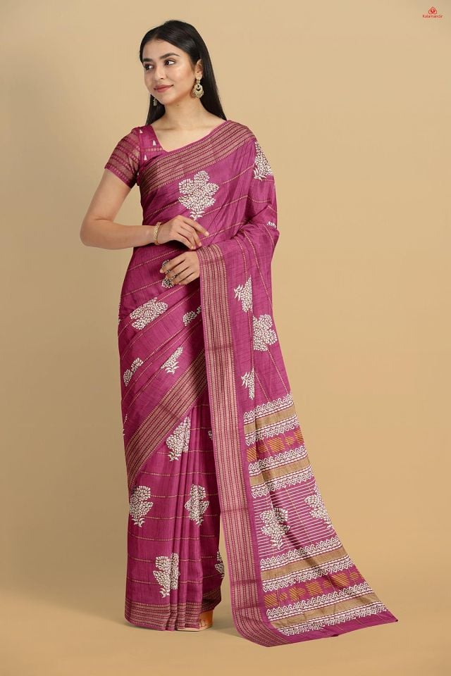 LIGHT PURPLE and OFF WHITE FLORALS SILK BLEND Saree with FANCY