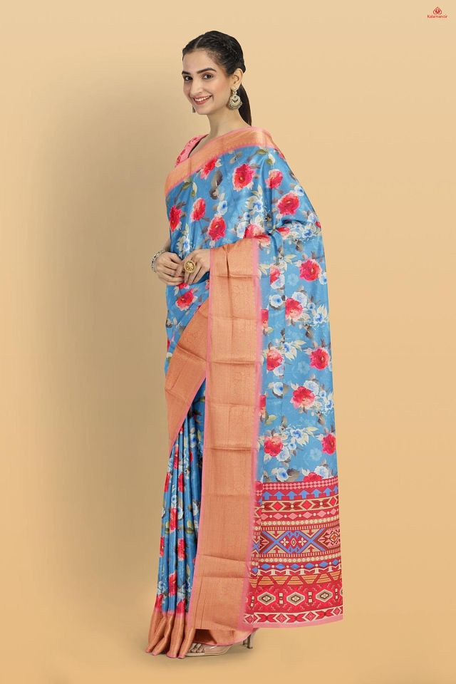SLATE BLUE and PEACH FLORALS SILK Saree with FANCY