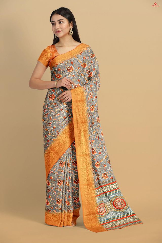 GREY and LIGHT BROWN FLORALS SILK Saree with FANCY