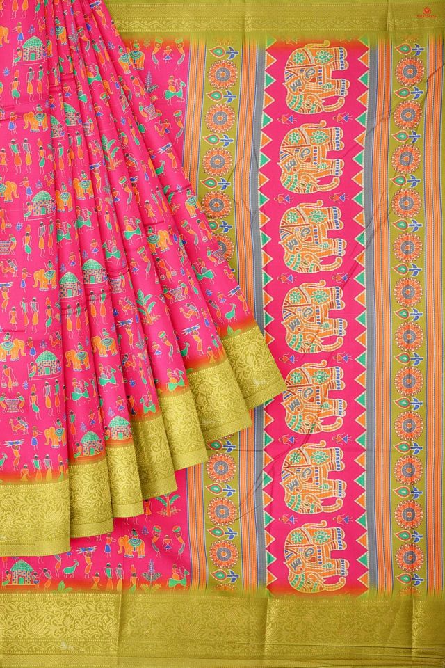 PINK and OLIVE GREEN FIGURE PRINTS SILK Saree with FANCY