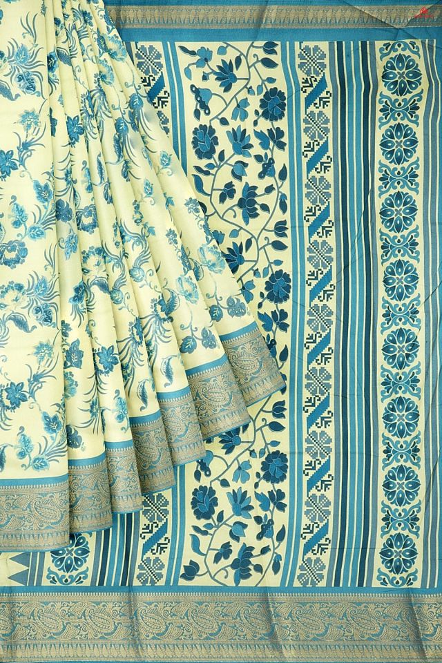 CREAM and BLUE FLORALS SILK Saree with FANCY