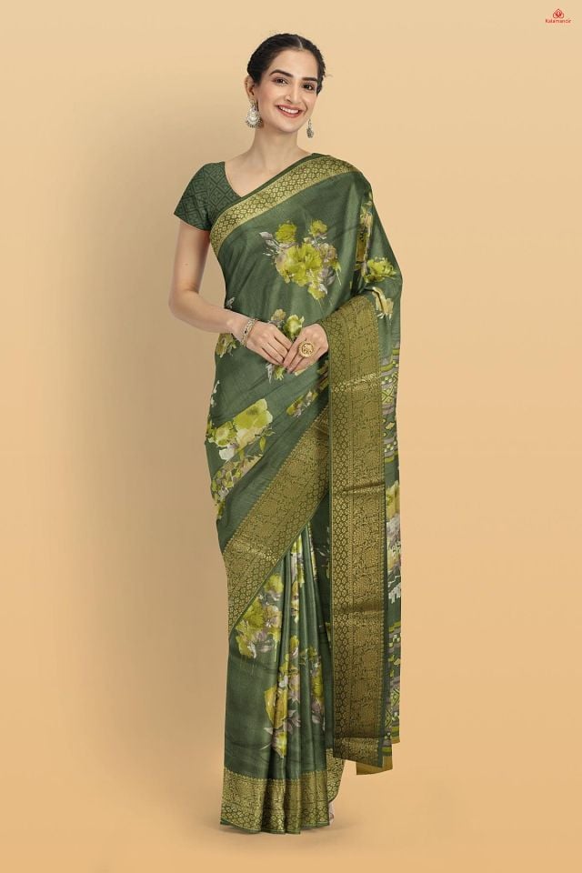 DARK OLIVE GREEN and MULTI FLORALS SILK Saree with FANCY
